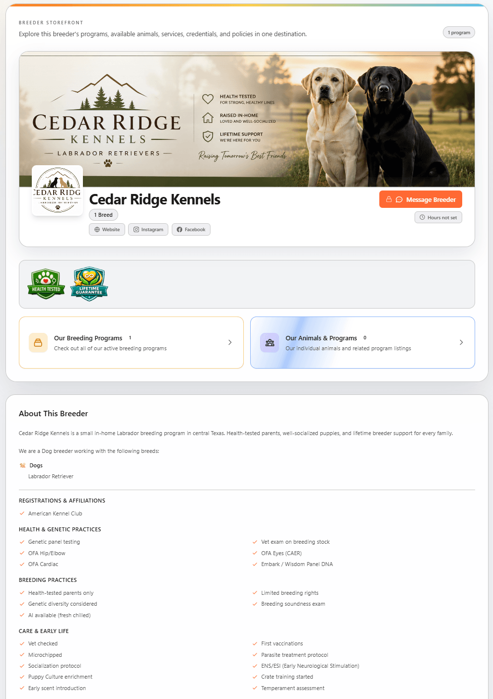 Example BreederHQ Storefront with logo, banner, bio, breeding programs, and active animal listings on a single branded page