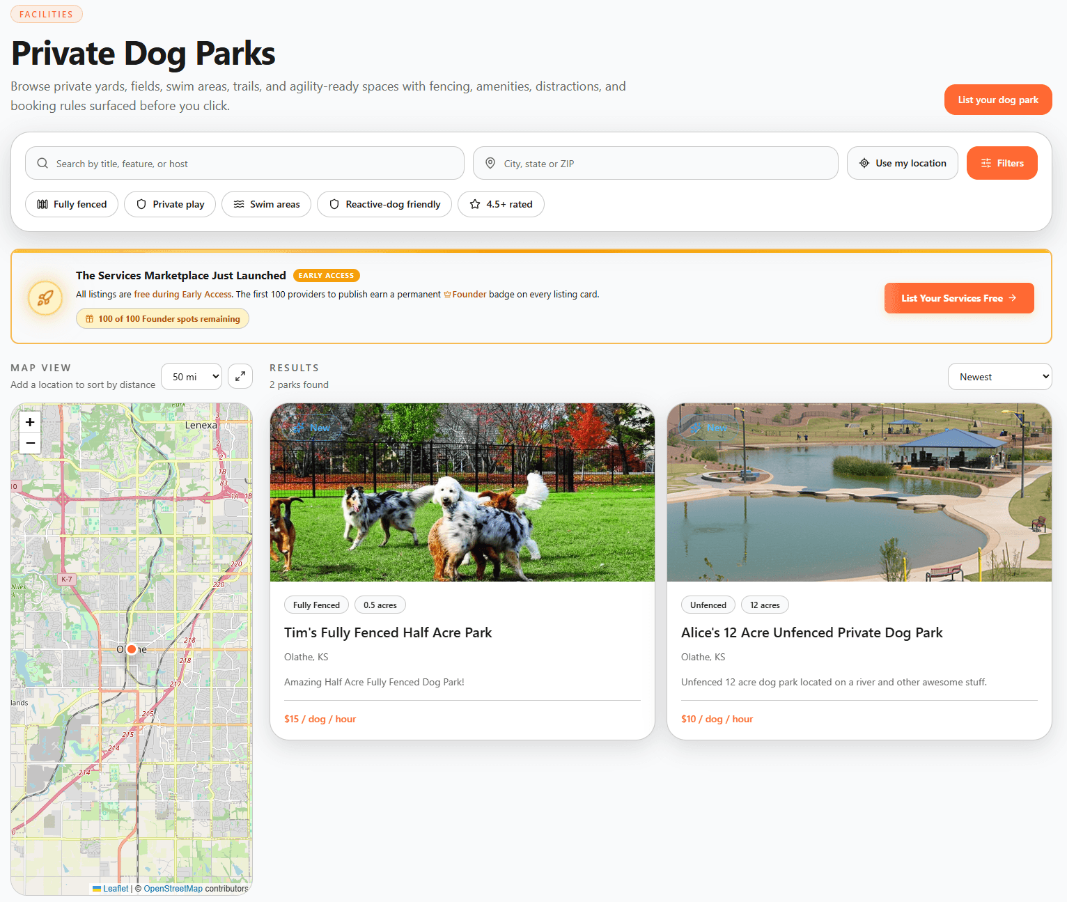 BreederHQ Marketplace browse view for private dog parks: a Leaflet map on the left and two listing cards on the right showing photos, fenced status, acreage, location, and per-dog hourly pricing