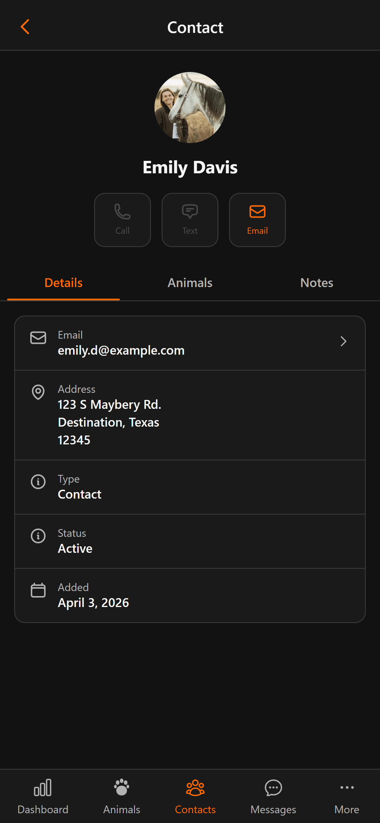 Contact detail view in BreederHQ Mobile Companion, dark theme: messages, animals, and history