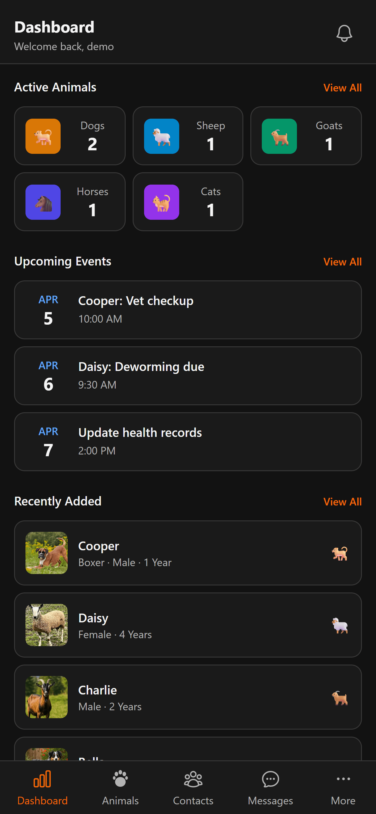 BreederHQ Mobile Companion dashboard, dark theme: today's tasks, upcoming events, and recent activity