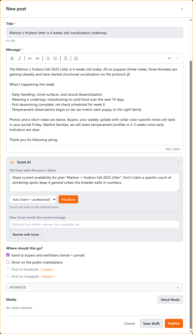 Outreach Hub New Post composer with title 'Marlow x Hudson offspring group is 4 weeks old: socialization underway', a rich-text message, the Scout AI panel offering tone selection and rewrite, channel checkboxes for buyers/marketplace/Facebook/Instagram, and Save draft + Publish actions