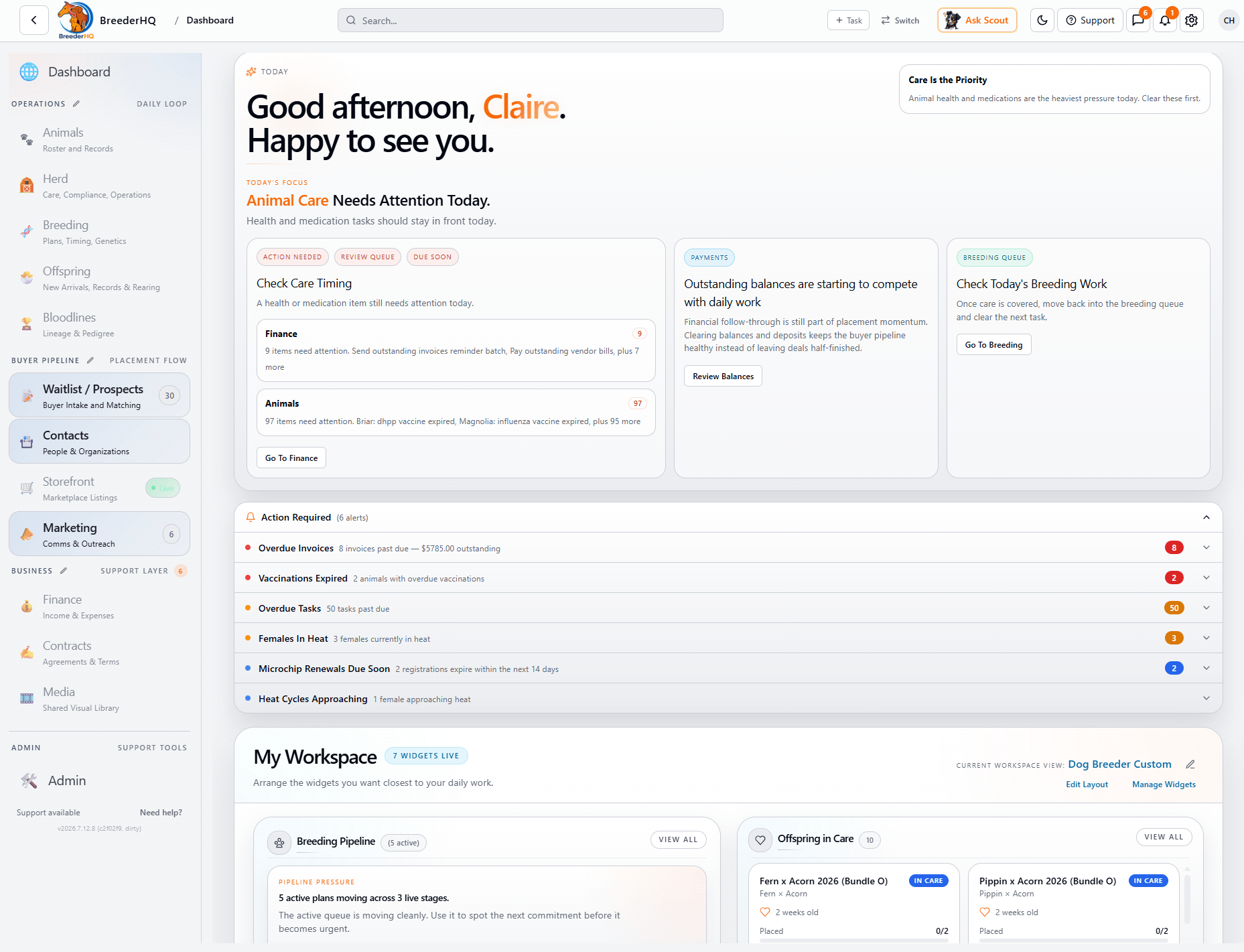 BreederHQ platform dashboard, every workflow in your operation, on one screen