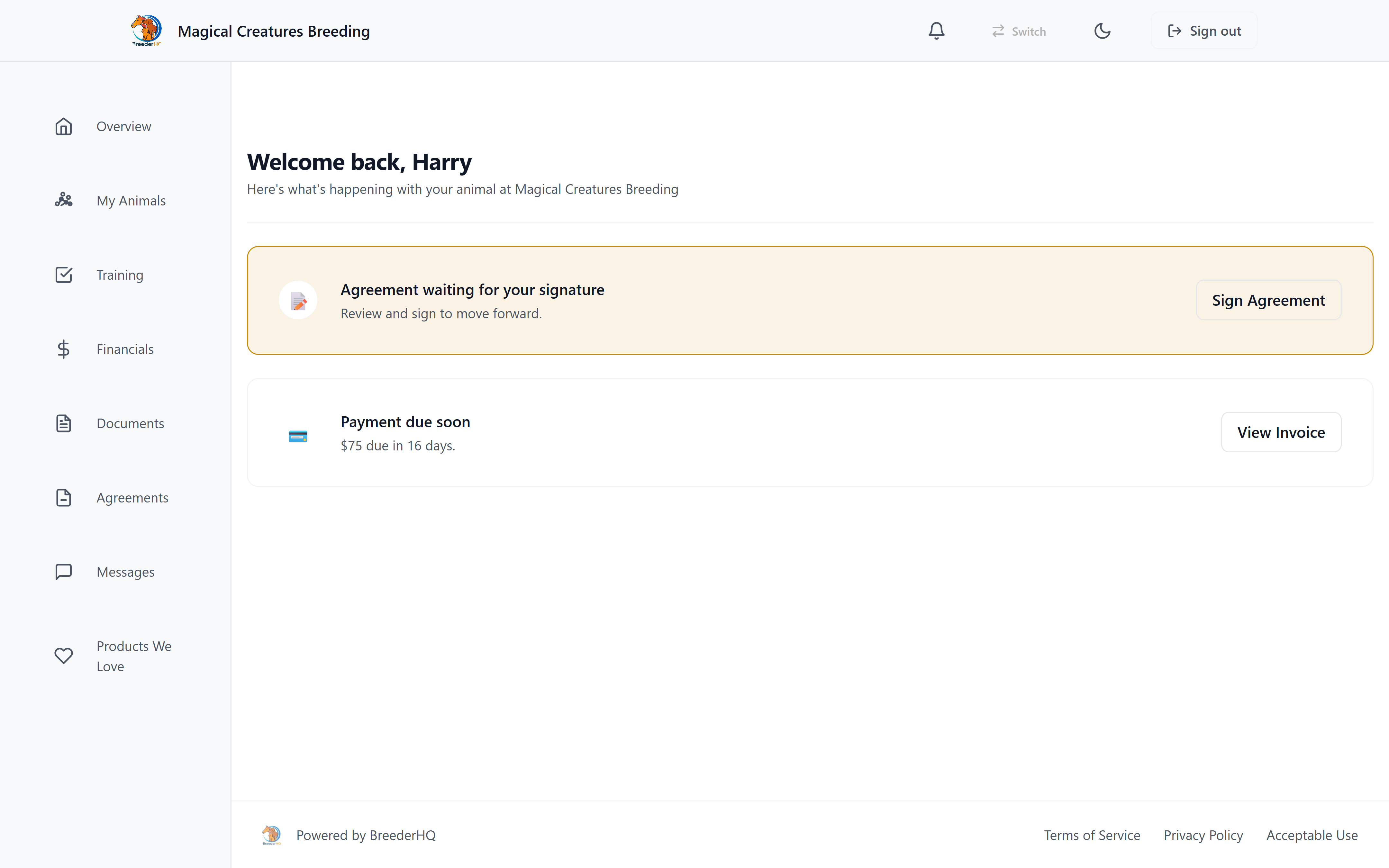 Buyer portal home view in BreederHQ branded as Cedar Ridge Kennels