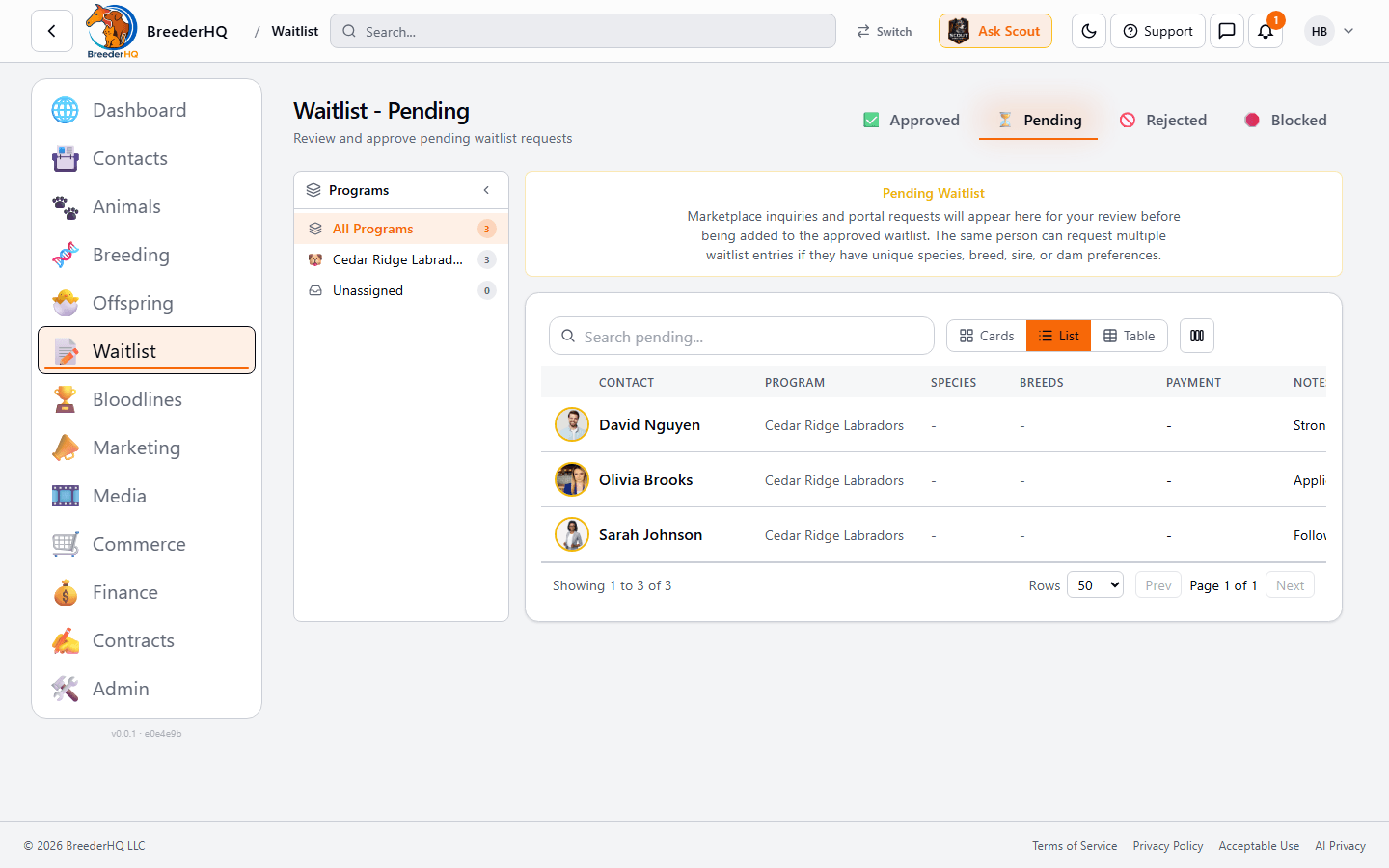 Waitlist view in BreederHQ showing approved buyers with breeding plans and deposit status
